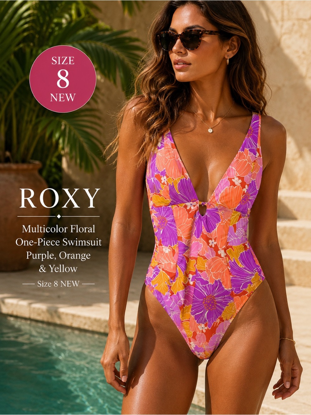 Roxy Womens Floral One Piece Swimsuit Multicolor Purple Orange Yellow Size 8 NEW